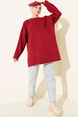 Basic Bisiklet Yaka Düz Triko Tunik Bordo - Tunik