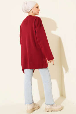 Basic Bisiklet Yaka Düz Triko Tunik Bordo - Tunik