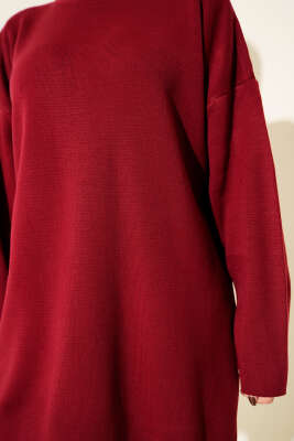 Basic Bisiklet Yaka Düz Triko Tunik Bordo - Tunik
