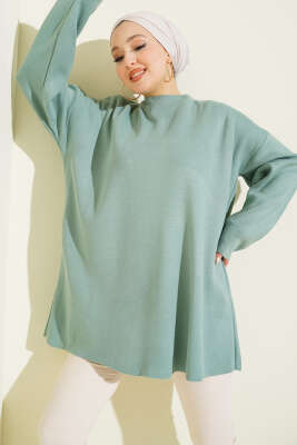Basic Bisiklet Yaka Düz Triko Tunik Çağla Yeşili