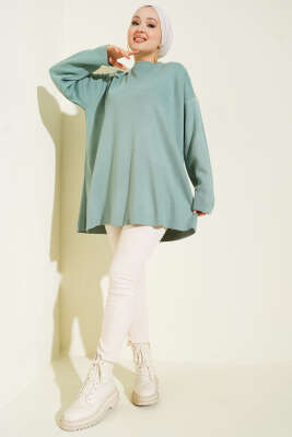 Basic Bisiklet Yaka Düz Triko Tunik Çağla Yeşili - Yılın Fırsatı