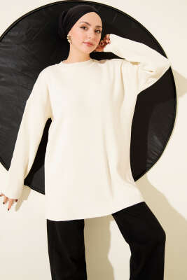 Basic Bisiklet Yaka Düz Triko Tunik Ekru - RAFİMİX