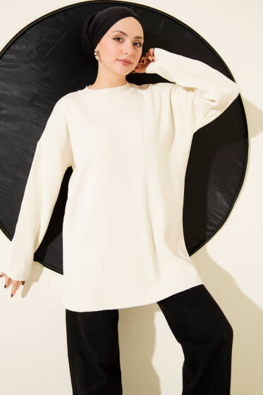 Basic Bisiklet Yaka Düz Triko Tunik Ekru - Tunik