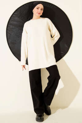 Basic Bisiklet Yaka Düz Triko Tunik Ekru - Tunik