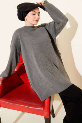 Basic Bisiklet Yaka Düz Triko Tunik Füme - RAFİMİX