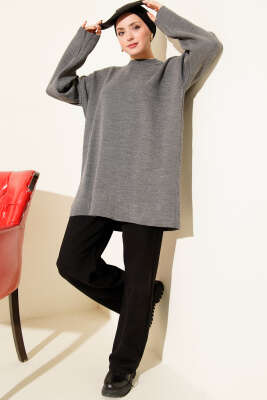 Basic Bisiklet Yaka Düz Triko Tunik Füme - Triko