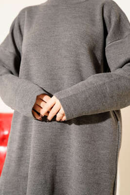 Basic Bisiklet Yaka Düz Triko Tunik Füme - Triko