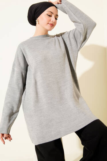 Basic Bisiklet Yaka Düz Triko Tunik Gri - Tunik