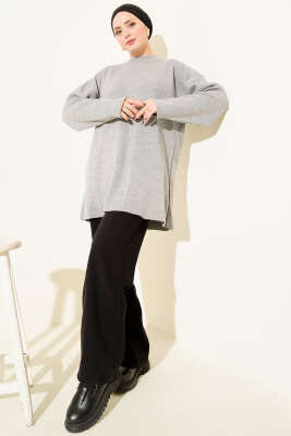 Basic Bisiklet Yaka Düz Triko Tunik Gri - Tunik