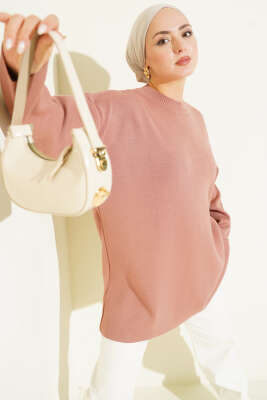 Basic Bisiklet Yaka Düz Triko Tunik Gül Kurusu - RAFİMİX