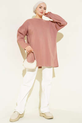 Basic Bisiklet Yaka Düz Triko Tunik Gül Kurusu - Tunik