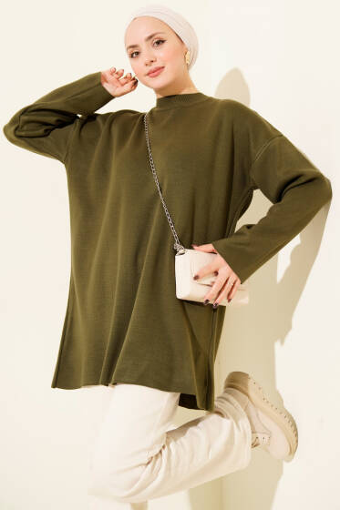 Basic Bisiklet Yaka Düz Triko Tunik Haki - Tunik