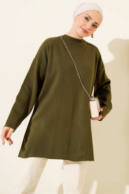 Basic Bisiklet Yaka Düz Triko Tunik Haki - Tunik