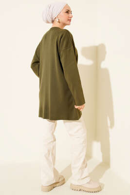 Basic Bisiklet Yaka Düz Triko Tunik Haki - Tunik