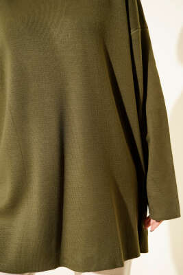 Basic Bisiklet Yaka Düz Triko Tunik Haki - Tunik
