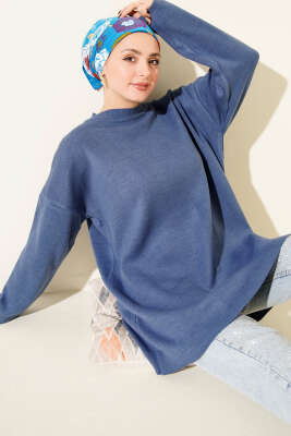 Basic Bisiklet Yaka Düz Triko Tunik İndigo - RAFİMİX