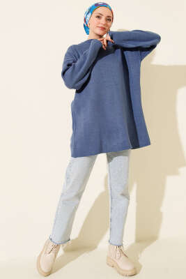 Basic Bisiklet Yaka Düz Triko Tunik İndigo - Tunik