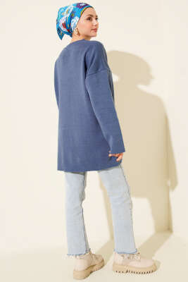 Basic Bisiklet Yaka Düz Triko Tunik İndigo - Tunik