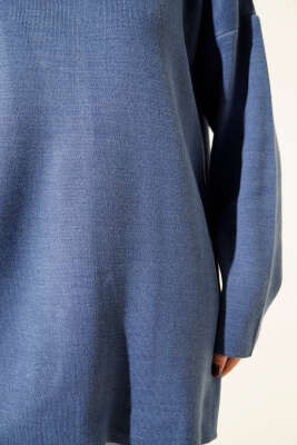 Basic Bisiklet Yaka Düz Triko Tunik İndigo - Tunik