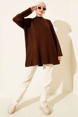 Basic Bisiklet Yaka Düz Triko Tunik Kahve - Tunik