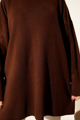 Basic Bisiklet Yaka Düz Triko Tunik Kahve - Tunik
