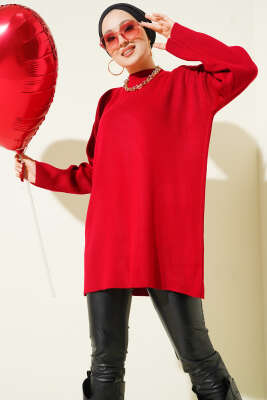 Basic Bisiklet Yaka Düz Triko Tunik Kırmızı 