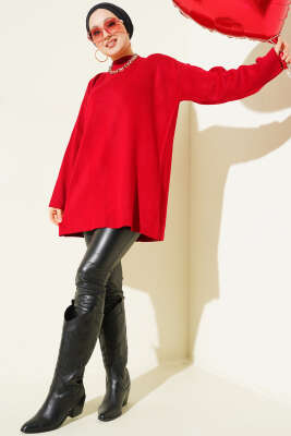 Basic Bisiklet Yaka Düz Triko Tunik Kırmızı - Tunik