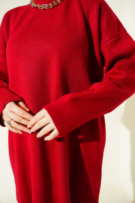 Basic Bisiklet Yaka Düz Triko Tunik Kırmızı - Tunik