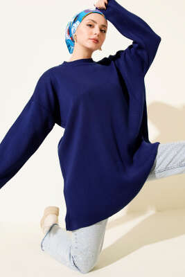 Basic Bisiklet Yaka Düz Triko Tunik Lacivert - RAFİMİX