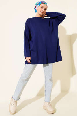Basic Bisiklet Yaka Düz Triko Tunik Lacivert - Tunik