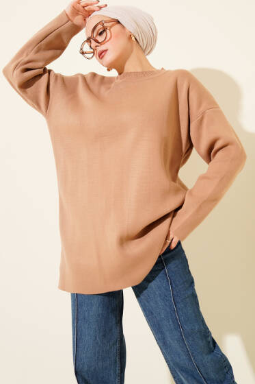 Basic Bisiklet Yaka Düz Triko Tunik Latte - Tunik