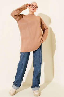 Basic Bisiklet Yaka Düz Triko Tunik Latte - Tunik