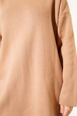 Basic Bisiklet Yaka Düz Triko Tunik Latte - Tunik