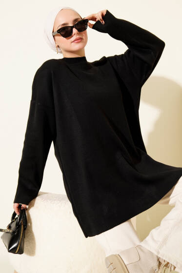 Basic Bisiklet Yaka Düz Triko Tunik Siyah - Tunik