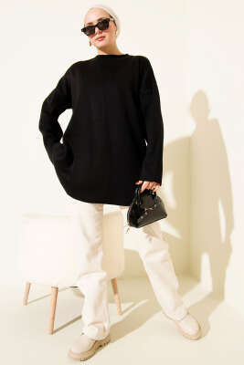 Basic Bisiklet Yaka Düz Triko Tunik Siyah - Tunik