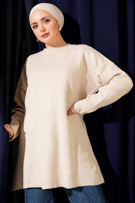 Basic Bisiklet Yaka Düz Triko Tunik Taş - RAFİMİX