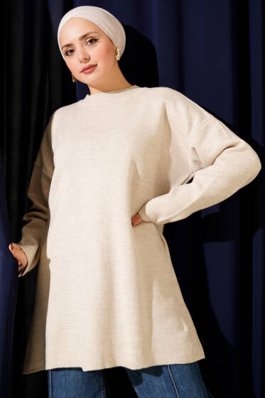 Basic Bisiklet Yaka Düz Triko Tunik Taş - Tunik