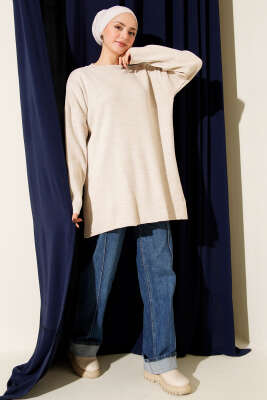 Basic Bisiklet Yaka Düz Triko Tunik Taş - Tunik
