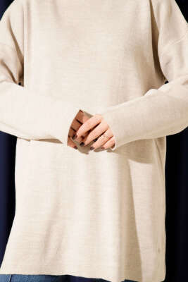 Basic Bisiklet Yaka Düz Triko Tunik Taş - Tunik