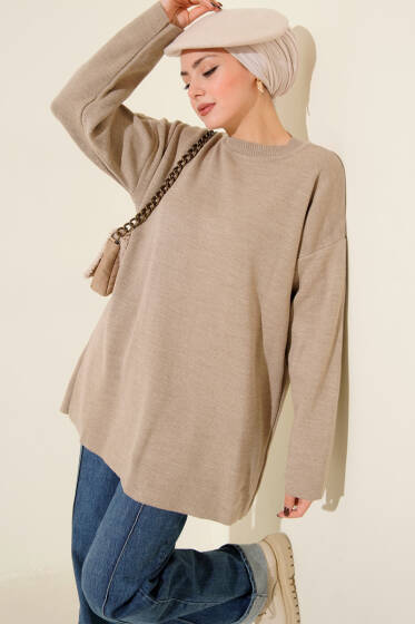 Basic Bisiklet Yaka Düz Triko Tunik Vizon - Tunik