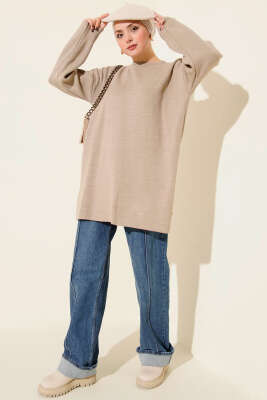 Basic Bisiklet Yaka Düz Triko Tunik Vizon - Tunik