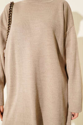 Basic Bisiklet Yaka Düz Triko Tunik Vizon - Tunik