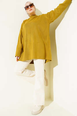 Basic Bisiklet Yaka Düz Triko Tunik Yağ Yeşili - Tunik