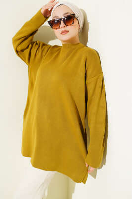 Basic Bisiklet Yaka Düz Triko Tunik Yağ Yeşili 