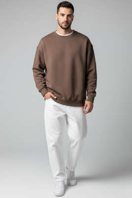 Basic Bisiklet Yaka Erkek Sweatshirt Cappuccino - WİPEOUT