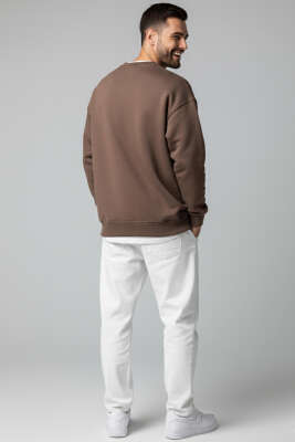 Basic Bisiklet Yaka Erkek Sweatshirt Cappuccino - Tek Kalanlar