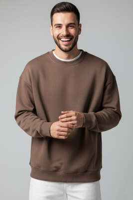 Basic Bisiklet Yaka Erkek Sweatshirt Cappuccino - Tek Kalanlar
