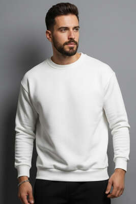 Basic Bisiklet Yaka Erkek Sweatshirt Ekru - WİPEOUT