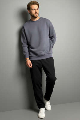 Basic Bisiklet Yaka Erkek Sweatshirt Füme - Erkek Sweatshirt