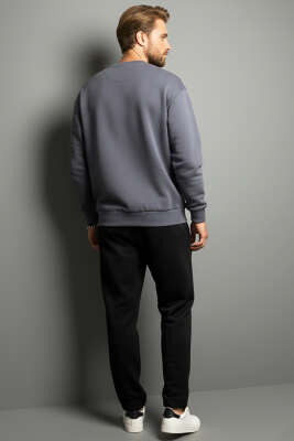 Basic Bisiklet Yaka Erkek Sweatshirt Füme - Erkek Sweatshirt